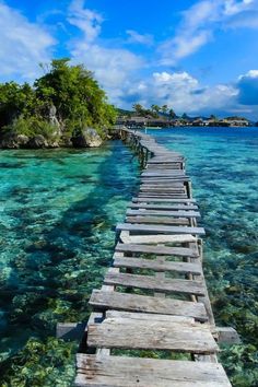 a long wooden bridge over clear blue water with the words essentials travel on it