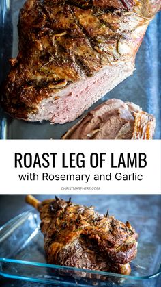 roast leg of lamb with rosemary and garlic in a glass dish on a blue background