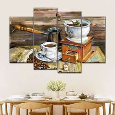 a painting on the wall of a dining room table with coffee cups and spoons