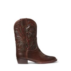 A faithful reproduction of our iconic Plainview cowboy boot scaled down to a collectible size. Inspired by samples used by traveling salesmen in the early 1900s. Leather and branding elements are from the Double RL footwear line. Vegetable-tanned cowhide shaft is hand-tooled. Vamp is made with durable yet flexible cowhide that is sourced from a Chicago-based tannery. Comes in a signature box. Rustic Hand-tooled Boots For Western-themed Events, Traditional Brown Boots For Western-themed Events, Classic Vintage Brown Boots For Western-themed Events, Vintage Brown Vegetable-tanned Boots, Vintage Leather Boots For Country Events, Traditional Leather Boots For Ranch, Vintage Hand Tooled Boots With Round Toe, Vintage Hand-tooled Boots With Round Toe, Vintage Hand-tooled Boots For Western-themed Events