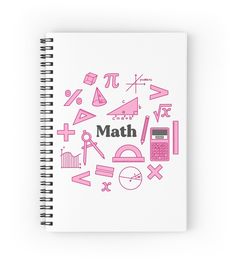 a spiral notebook with the words math written in pink and various school related items around it