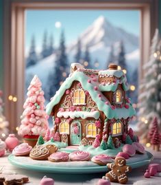 a gingerbread house decorated with pink and green icing, surrounded by christmas trees