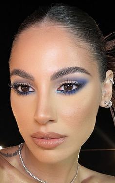 Bold Blue Eye Makeup, Blue Brown Eye Makeup, Make Up Blue Eyeliner, Blue Makeup Looks For Brown Eyes, Blue Eye Makeup On Brown Eyes, Make Up Blue Eyes Brown Hair, Blue Makeup With Gems, Brown Eye Blue Makeup, Blue Prom Makeup For Brown Eyes