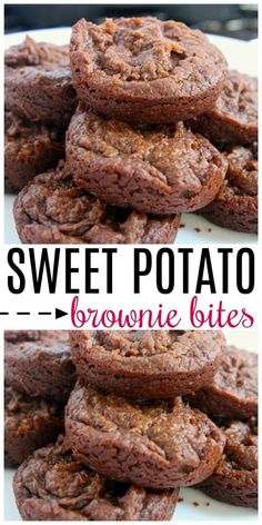 chocolate brownie bites stacked on top of each other with the words sweet potato above them