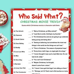 a christmas movie trivia with santa clause on it and other holiday items around it