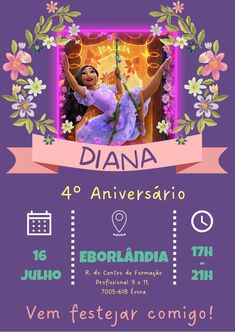 the poster for diana's 10th anniversary celebration in spanish and english, with an image of a woman dancing