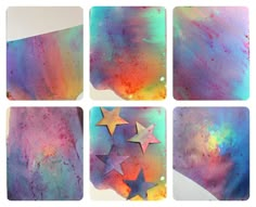 four different pictures of stars in the sky with colored paint on them and white background