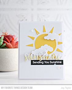 a card with the words sunshine on it next to a potted succulent