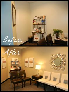 before and after photos of a living room