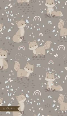 an animal themed wallpaper featuring foxes and rainbows in grey, blue, pink, yellow or white