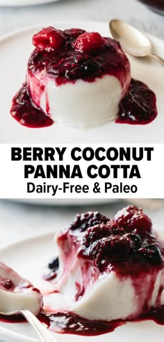 berry coconut panna cota on a plate with spoons