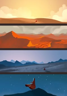 three different views of the desert and mountains