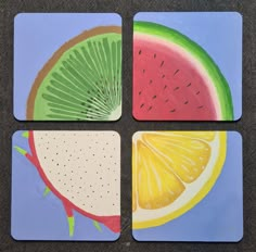 four coasters with different designs on them, each featuring a slice of watermelon