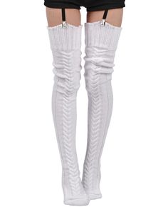 Thigh High Socks Thick Cable Knitted - White | Moon Wood Soft White Knee-high Socks For Winter, Thigh High Socks Aesthetic, White Knit Thigh High Socks, Casual White Thigh-high Stockings, Warm White Knee-high Socks, Cozy White Knee-high Socks One Size, Thigh Socks, Winter Stockings, Cable Knit Leg Warmers