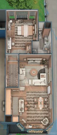 an aerial view of a two bedroom house with living room, dining area and kitchen