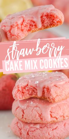 strawberry cake mix cookies stacked on top of each other