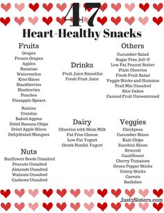 the heart healthy snacks list for valentine's day is shown in red and pink hearts