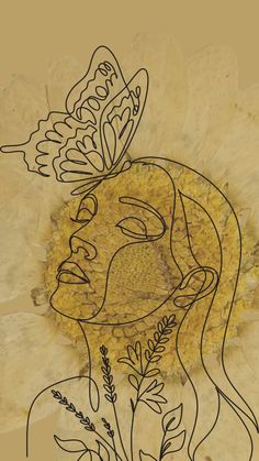 a drawing of a woman with a butterfly on her head