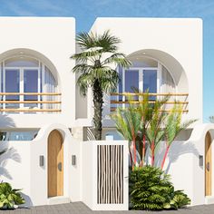 an artist's rendering of a modern house with palm trees and potted plants