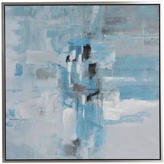 an abstract painting with blue and white colors