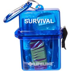 a blue case with a keychain and some items in it that say survival