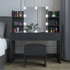 a bedroom with a bed, mirror and lights on it's side table in front of a window