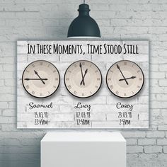 three clocks on a brick wall with the words in these moments, time stood still