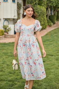 Josie Eyelet Floral Alessi Puff Sleeve Midi Dress Flowy Midi Skirt, Puff Sleeve Midi Dress, Event Outfit, Eyelet Dress, Modest Fashion Outfits, Sleeve Midi Dress, 80 Dress, Blue Midi Dress, Style Mistakes