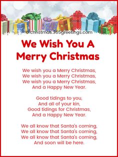 we wish you a merry christmas card with presents on the front and bottom corner, in red