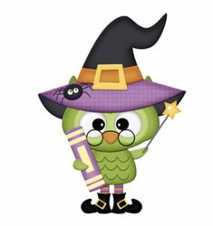 a green bird wearing a witches hat and holding a purple book with a black cat on it's head