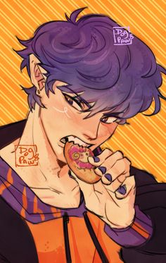 a man with purple hair eating a donut in front of an orange and yellow background