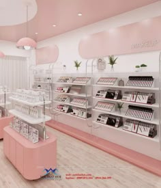 the interior of a cosmetics store with pink walls and white shelves filled with makeup products