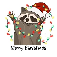 a raccoon wearing a santa hat and lights