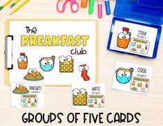 the breakfast club groups of five cards are shown with markers and pencils on a table