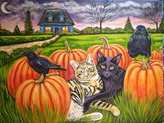 a painting of cats and birds sitting in front of pumpkins