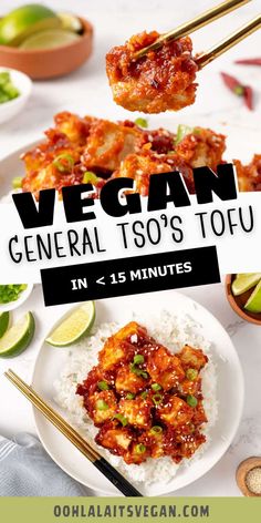 vegan general tso's tofu in 15 minutes with text overlay