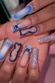 2024 Acrylic Nail Designs, 2024 Acrylic Nails, Nails Acrylic 2024, Blue Glam Nails, Blue Nails Acrylic Design, Nails Acrylic Colorful, Pretty Blue Nails Acrylic, Nails Inspo 2024, Cool Nail Inspo 2024