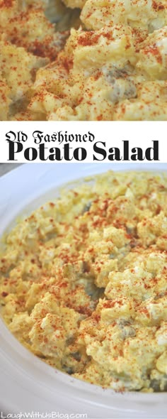 an old fashioned potato salad in a white bowl on a table with the words old fashioned potato salad