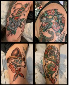 four pictures of different tattoos on the arm and shoulder, including a skull with a hat