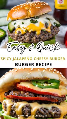 two burgers with cheese and peppers on them