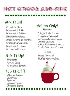 a menu for hot cocoa add - ons