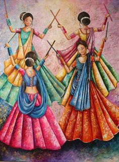 "Title: Dhandia/Garba II Medium: Oil on Canvas Size: 18\"x 24\" or 24\" X 36\" or 36\" x 48\" or 48\" x 60\" The painting captures the beautiful poses of a traditional Garba or Dhandia dance performed across South Asia." Indian Folk Dance Paintings, Garba Drawing Sketch, Festival Composition Painting, Navratri Festival Drawing, Garba Drawing, Traditional Paintings Indian Folk Art, Navratri Painting, Cultural Paintings, Festival Painting