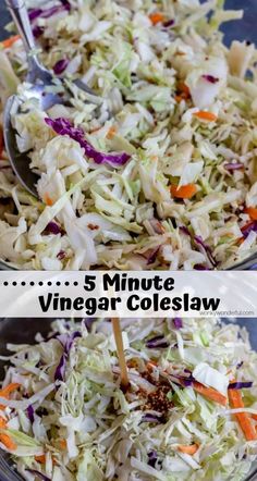 two pictures of coleslaw with carrots and cabbage