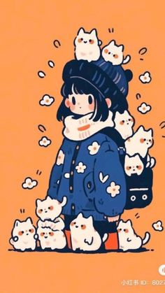 a woman standing in front of a bunch of cats on an orange background with clouds