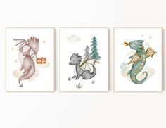 three watercolor paintings of dragon and pine trees on white paper, each with different colors