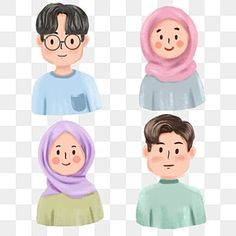 four people wearing headscarves with different facial expressions, cartoon characters, avatars png and psd