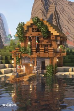 Aesthetic Minecraft Village Houses, Cute Cabin Minecraft, Beachside House Minecraft, Waterfront House Minecraft, Cobblestone Cottage Minecraft, Aesthetic Minecraft Cabin, Minecraft Large Staircase, Minecraft Beachside House, Minecraft House With Dock