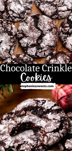 chocolate crinkle cookies with powdered sugar on top and the words, chocolate crinkle cookies