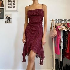 Asymmetrical Midi Dress, 90s 00s, 90s Dress, Floral Midi Dress, Burgundy Red, Ruffle Hem, Spaghetti Strap, Midi Dress, Red