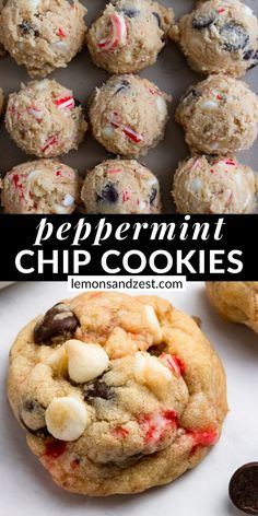 candy cane chip cookies with white chocolate chips and oreos in the middle, on a baking sheet